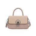 Beige crossbody bag with woven texture flap and metallic ring handle detail - Khaki