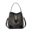 Bolso saco vintage de lona gris oscuro con ribetes de cuero y cierre dorado - Marrón Oscuro