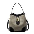 Bolso cubo retro de lona y cuero negro con cierre giratorio dorado de moda actual - Beige