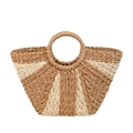 Bolso de paja trenzado a mano en caqui y crema con hilo dorado y asa redonda - Caqui
