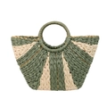 Bolso de paja semicircular en verde y beige con elegantes detalles en hilo dorado - Verde