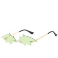 Unique bat-shaped rimless sunglasses featuring light green lenses and gold metal temples - Gold Frame Green