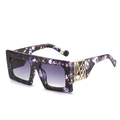 Oversized square sunglasses with purple marble frame and gold metal geometric accents - One Size / Purple Floral Frame Double Grey Lens