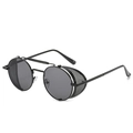 Lunettes steampunk en métal noir avec verres ronds et protections latérales - Monture Noire Verres Noir Gris