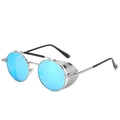 Occhiali steampunk con lenti a specchio blu, montatura in metallo argento e rete laterale - Montatura Argento Lente Blu