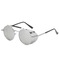 Occhiali steampunk con montatura in metallo argento, lenti a specchio tonde e paraocchi - Montatura Argento Lente Specchiata Bianca