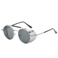 Lunettes de soleil steampunk rondes avec monture argentée et protections latérales grillagées - Monture Argentée Verres Gris Noir