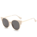 Cat eye sunglasses with creamy beige frame and slim gold metal temples for women - Cream White Frame Gray Lens