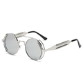 Lunettes de soleil steampunk rondes avec monture en métal argenté et verres gris - Monture Argent Verres Miroir Blanc