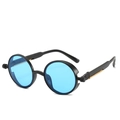 Steampunk Rund-Sonnenbrille mit blauen Gläsern und schwarzen Bügeln mit mechanischen Federn - Schwarzer Rahmen Blaue Gläser