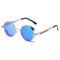 Steampunk round sunglasses with blue mirrored lenses and silver metal spring frame - Silver Frame Ice Blue Lens