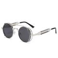 Steampunk sunglasses with round black lenses and silver metal double spring frame - Ready Stock / Standard Silver Frame with Black-Grey Lenses
