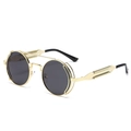 Steampunk round sunglasses with gold metal frame, double spring hinges and dark grey lenses - Ready Stock / Standard Gold Frame with Black-Grey Lenses