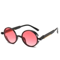 Steampunk round sunglasses with red gradient lenses and black metal spring temples - Black Frame Pink Lens
