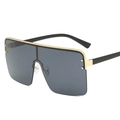 Oversized gradient square shield sunglasses with gold metal top trim and rivets - Gold Frame Black Grey