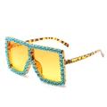 Oversized square leopard print sunglasses with yellow lenses and blue rhinestones - Tortoise Frame Green Rhinestones