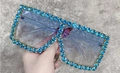 Oversized square sunglasses with light blue rhinestones on a gold metal frame - Light Blue Frame Double Blue Lenses