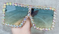 Oversized square sunglasses with rainbow AB rhinestones and blue yellow gradient lenses - Rainbow Rhinestones Matte White Yellow Green