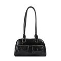 Minimalist black glossy shoulder bag with double front pockets and gold hardware - Black