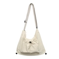 Bolso tote minimalista en nylon beige con bolsillo frontal con cordón y correa ajustable - Blanco Roto