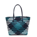 Grande borsa shopper intrecciata a mano con motivi geometrici a onde blu e bianche - Onda a Contrasto Blu Bianco