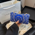 Royal blue evening clutch bag with crystal floral pattern and gold chain strap - Blue