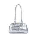 Bolso de hombro bowling plateado minimalista con bolsillos frontales dobles y asas largas - Plateado