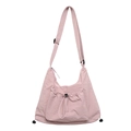 Minimalist light pink nylon crescent tote bag with functional drawstring front pocket - Pink