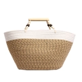 Two-tone woven tote bag with wooden handles and decorative beads in white and brown - Beige/Khaki