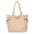 Grande borsa tote in tela beige con coulisse regolabili e tracolla a spalla - Cachi