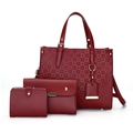 Three-piece red tote bag set with quilted texture and golden hardware accessories - Burgundy
