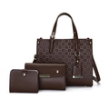 Three-piece dark brown quilted tote bag set including handbag, crossbody pouch and wallet - Brown