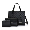 Three-piece black geometric tote bag set with matching clutch and compact wallet - Black