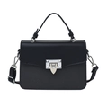 Minimalist black quilted crossbody bag with silver shield buckle and top handle on white background - Black