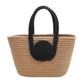 Bolso tote marrón tejido a mano con asas negras y detalles redondos en forma de trapecio - Caqui & Negro