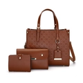 Three-piece brown embossed leather bag set featuring tote, clutch, and wallet - Tan