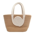 Bolso tejido caqui y blanco con asas de hilo dorado y detalles de textura espiral - Caqui y Blanco