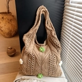 Handmade crochet tote bag in light khaki with woven floral pattern and shoulder strap - Brown