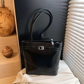 Minimalist black faux leather bucket bag with silver buckle and dual shoulder straps - No Pendant / Black