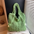 Handmade green knitted tote bag with floral accents and textured cable knit design - Green