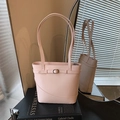 Minimalist light pink leather bucket bag with slim shoulder straps and buckle detail - No Pendant / Pink