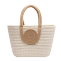 Bolso tote de tejido beige con hilos dorados y asas trenzadas marrones en forma de trapecio - Caqui Blanco