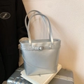 Minimalist silver metallic tote bag with buckle detail and slender shoulder straps - No Pendant / Silver