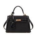 Elegante borsa Kelly patchwork nera in pelle e tessuto intrecciato con chiusura dorata - Nero