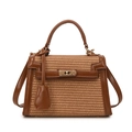 Borsa Kelly in ecopelle marrone e tessuto intrecciato con manico e tracolla rimovibile - Marrone