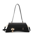 Fashionable black hourglass crossbody bag with woven patchwork and gold metal hardware - Black