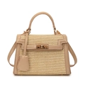 Borsa stile Kelly in paglia intrecciata con finiture in ecopelle crema e dettagli oro - Cachi