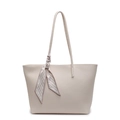 Fashionable beige pebbled leather tote bag for women with decorative purple silk scarf - Off White