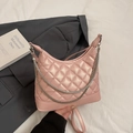 Pink quilted faux leather shoulder bag with silver chain and crescent half-moon shape - Pink