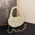 Elegante borsa a mano in perle bianche fatta a mano con tracolla a catena dorata da donna - Bianco Sporco